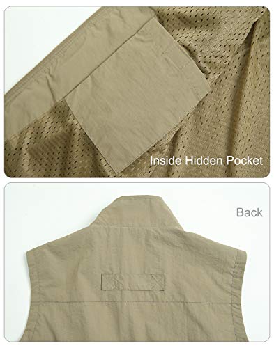 Men's Casual Outdoor Vest Lightweight Waterproof Quick Dry Full Zip Stand Collar Multi Pocket Vest Khaki 5X-Large/Tag #TOP7