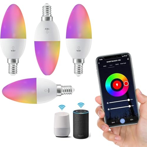 Wiby Lampadina a Oliva Smart Wi-Fi E14 5,5W 400lm RGB + CCT 2700-6500K Dimmerabile, Compatibile con Alexa & Google Home, App Tuya/Smart Life, 4 unità