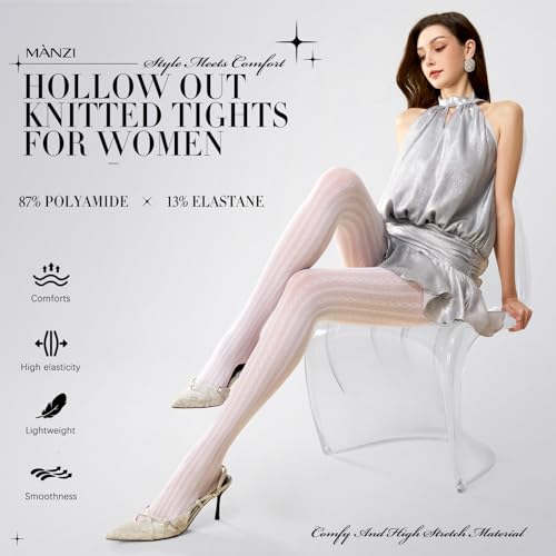 MANZI Women's Hollow Out Knitted Patterned Tights White Lace Fishnet Stockings Vertical Strips Pantyhose with High Waist