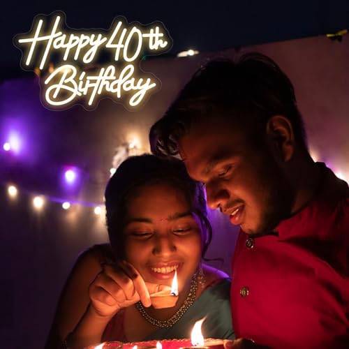 Image of Happy 40th Birthday Neon Sign For Birthday Party16.5 inch*10.5 inch Neon Happy Birthday Led Neon Light For Party Backdrop Wall Decor With Dimmable Switch Birthday Light Up Sign Birthday Gift