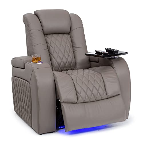 Seatcraft Diamante - Home Theater Seating - Living Room - Power Recline - Italian Leather - Powered Headrests - Cupholders - USB Charging - Ambient Lighting - Arm Storage, Gray, Single Recliner