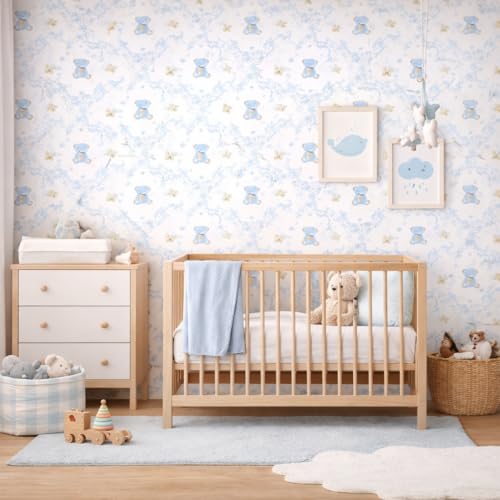 Image of Blue Teddy Bear Cartoon Wallpaper for Kids Room | Cute Nursery Wall Decor for Baby Room | Self Adhesive Peel & Stick Wallpaper | Removable, Washable Wall Covering 16 x 144 Inch