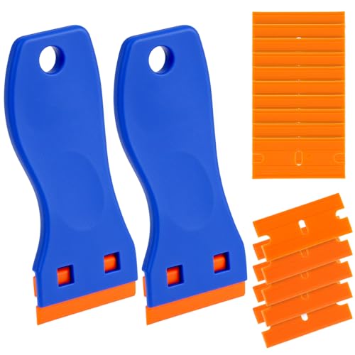 QWORK® Juego de raspadores de plástico - 2 piezas con 100 cuchillas sin rayones, ideal para la eliminación de pegatinas, limpieza de placas de cocción y detallado de automóviles.