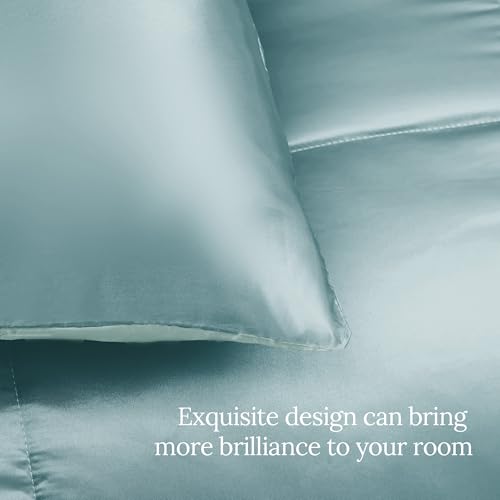 Whale Flotilla 3-Piece Reversible Silky Soft Queen Comforter Bedding Set, Luxurious Satin Comforters Full Size with 2 Satin Pillowcases, Lightweight Duvet for All Seasons, Haze Blue by Whale Flotilla - Used condition - Image 7