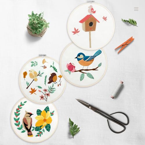 Image of Bonroy 4 Sets Embroidery Set for Beginners, Art Craft, Easy Sewing, Includes Embroidery Clothing, Pattern, Embroidery Hoop, Instruction Manual, Colorful Thread Needles Set (6 Pieces)