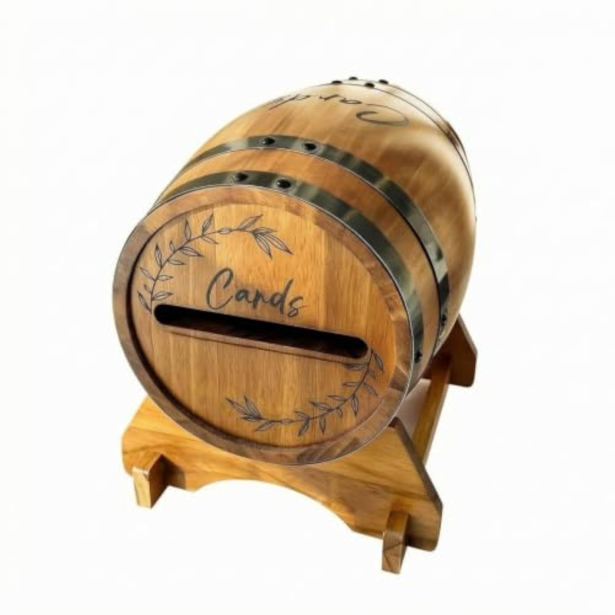 Rustic Whiskey Barrel Card Box with Stand, Wooden Decorative Storage