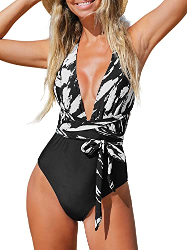 CUPSHE Damen Badeanzug Tiefer V Ausschnitt Monokini Selbstbindung Crossback...