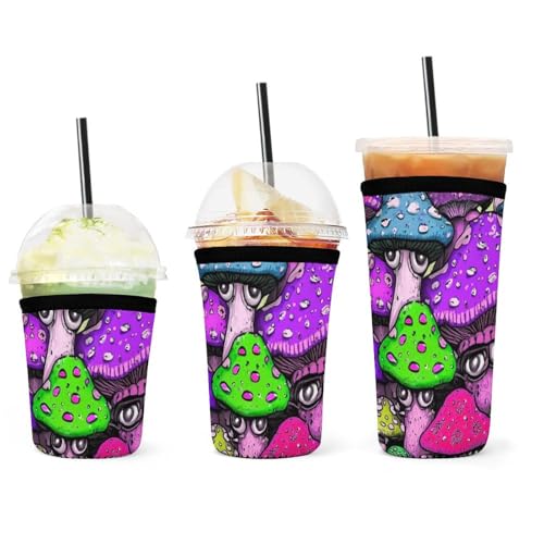3 Pack Colorful Mushrooms Art Iced Coffee Cup Sleeves for Cups Insulation Hand Protection, Heat Resistant Neoprene Coffee Sleeve Cup Holders