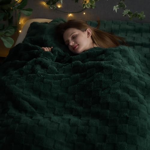 NEWCOSPLAY Super Soft Queen Blanket Dark Green Premium Silky Flannel Fleece 3D Checkered Lightweight Bed Blanket All Season Use (Dark Green Checkered, Queen(90"x90"))