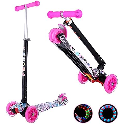 Caroma Roller Kinder Scooter, 3 Räder Faltbarer Kickscooter Max.Last 60 kg, 4 Höhenverstellbarer, Aluminium Lenker, LED Leuchträdern, rutschfest Deck, LeantoSteer, Scooter, B-Rosa(Faltbar), (KL-8801) Cover