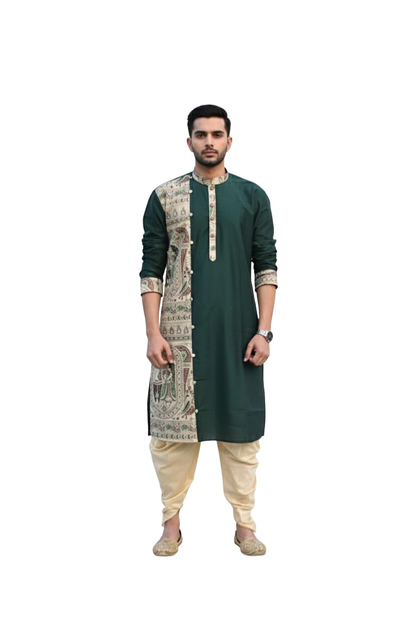 Men’s Madhubani Printed Khadi Silk Kurta | Premium Ethnic Wear for Weddings & Festivals | Traditional Art Design | Comfortable & Stylish Outfit (GC505) (XL,Bottle Green)
