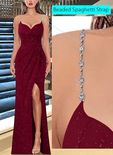 Image of VFSHOW Womens Sexy Formal Ruched Fitted High Slit Bodycon Maxi Dress Spaghetti Strap Sweetheart Cocktail Prom Evening Gown