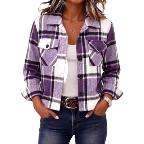 Elneeya Womens Plaid Jacket Cropped Casual Button Up Collared Fall Coat - image 1