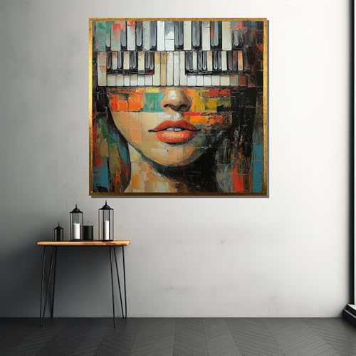 Tableau musique femme touches de piano pour decoration murale salon coloree
