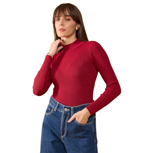 Image of 98 Degree Women Pure Cotton High Neck Sweater Has A Full Sleeve & Straight Hem-AW25AZG1156-BLACK