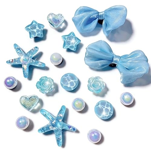 Boucles de chaussures paillettes bleues Lot de 18 clips nœuds étoile de mer et cœurs pour customiser