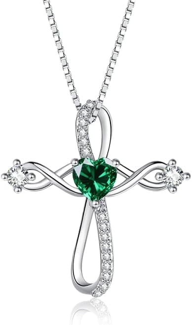 Cross Pendant Necklace for Women 18K Gold/White Gold Infinity Necklaces Womens with Heart Birthstone,Religious Faith Christian Jewelry Mother's Day Gifts for Women