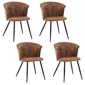MEUBLE COSY Lot de 4 Chaises de Salle à Manger Rétro Vintage Fauteuil Assise et Dossier Rembourrée en suédine Pieds en métal pour Cuisine Salon Chambre Bureau, Style Industriel, Marron, 55x58x75,5cm