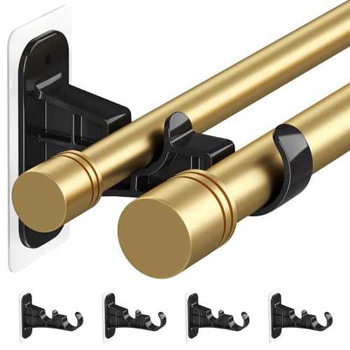 MUAKIOY Double Curtain Rod Brackets No Drill, (4-Pack) Black Adhesive Curtain Rod Holders for Wall, Heavy Duty Dual Curtain Hooks Wall Mounted Supports 1 to 1.2'' Drapery Poles for Living Room Bedroom