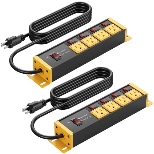 CCCEI 2PCS Heavy Duty Power Strip Surge Protector 20 AMP Individual Switches. 12 Gauge Extension Cord with Multiple Outlets. Garage, Shop, Industrial Wall Mount Electric Extender. 6FT, Yellow.