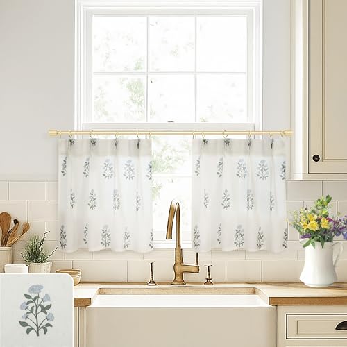 Cafe Curtains for Kitchen,Pinch Pleated Small Window Curtains Over Sink,Farmhouse Linen Sheer Blue and Green Floral Vintage Block Print 18 Inch Length Mini Curtains
