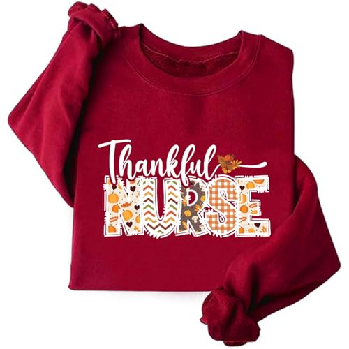 Image of TONGCHEN Thankful Nurse Thanksgiving Sweatshirt for Women Crewneck Sweatshirts Nurse Sweater Autumn Winter (US, Alpha, Medium, Regular, Regular, Red)
