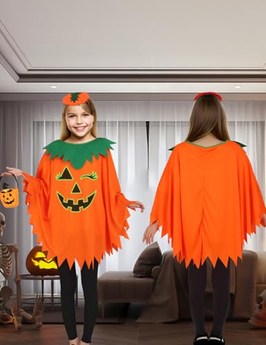 Qqpouc Halloween Pumpkin Costume For Women Kids,Glow In The Dark Adult Halloween Costume With Poncho,Headband & Bag thumb #4