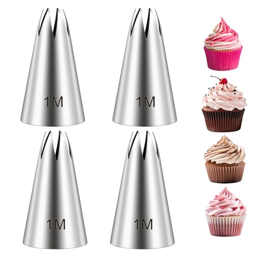 4Pcs 1M Cake Piping Tips Cake Decorating Supplies Piping Tips Piping Nozzles Decorating Tips Baking Tools For Buttercream Icing Birthday Cake Cupcake DIY Art