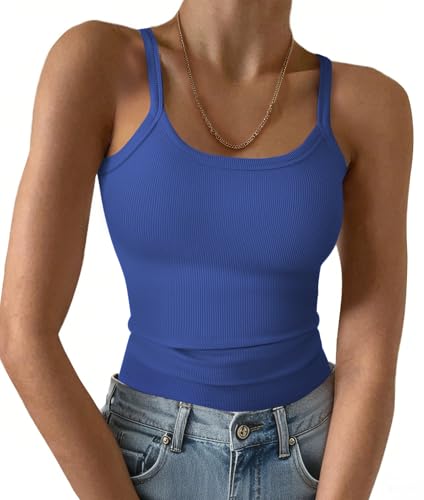 GKBK Women's Tank Tops 2026 Spaghetti Strap Ribbed Knit Scoop Neck Sleeveless Shirts Summer Casual Basic Tanks Royal Blue L