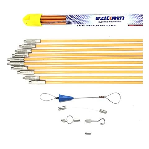 ezitown 33 FT Fiberglass Connectable Fish Tape Upgraded Version Yellow 4mm 1/6" Diameter Total 10Meter Connector Thread M4 a Suit with Hook and Hole Kit in Transparent Tube Easy Carry Cover