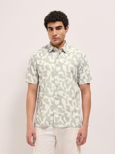 Image of THE BEAR HOUSE Men's Blue Tailored Fit Full Sleeve Cotton Printed Shirt
