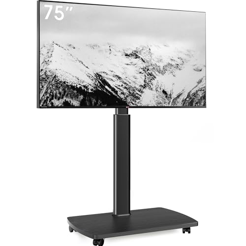 AOKCOS Stojak podłogowy pod telewizor na kółkach z drewnianym regałem, stojak pod telewizor z kółkami 43-75", płaski i zakrzywiony, do 50 kg, regulacja wysokości, wychylny stojak na telewizor, maks
