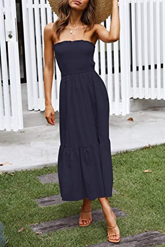 Image of ZESICA Women's Summer Boho Strapless Maxi Dress 2026 Casual Off Shoulder Smocked Flowy A Line Beach Holiday Long Dresses