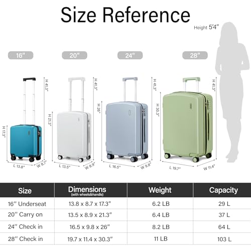 Image of Hanke 16 Inch Underseat Small Carry On Luggage, Hard Shell with TSA Lock | PC Hard Shell, 14 inch Padded Laptop Pocket, Multi-Compartment, 8 Spinner Wheels, Lightweight, Short Trip