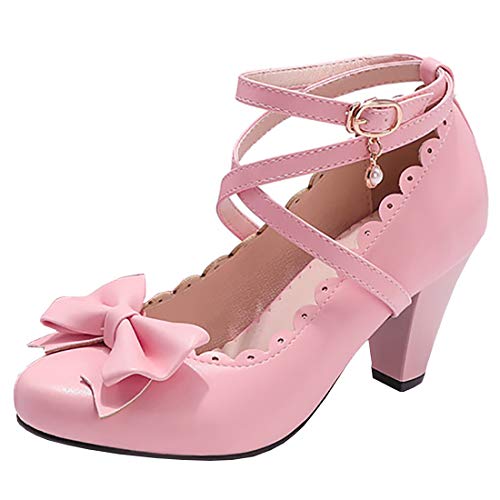 Etebella Damen Mary Jane High Heels Pumps mit Riemchen und Blockabsatz Rockabilly Schleife Schuhe (Rosa,39)