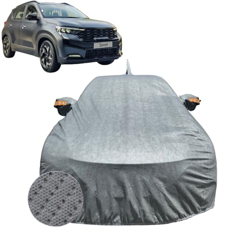 Image of Car Cover Compatible for Kia Sonet (2020-2026) | 100% Waterproof Cover with Antenna & Reflective Mirror Pockets | Dustproof, Scratchproof, Heatproof Sonet Car Cover|Soft Cotton Lining| Grey