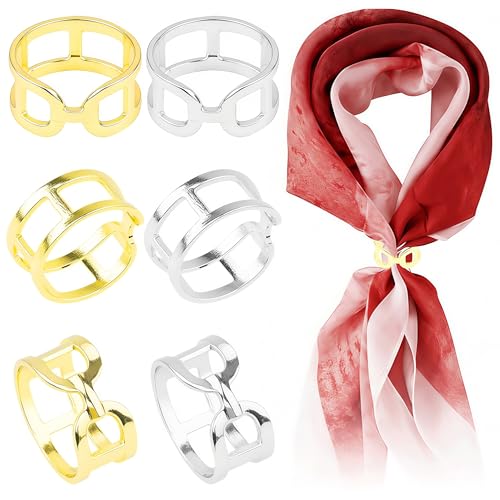 6PCS Scarf Ring for Women, Gold & Silver Scarf Clips Metal Scarf Slide Buckle, Chunky Chain Silk Scarf Clip Minimalist Wide Band Statement Buckle Wrap Shawl Clasp Pin, Fashion Punk Link Dress Accessories Jewelry