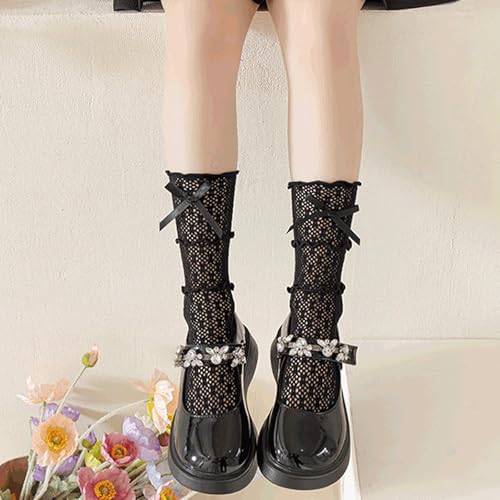 Kids Girls Lace Mesh Socks Cute Bowknot Princess Socks Mid-Calf Socks Spring Summer Girls Stockings, 4-6 Years Old3