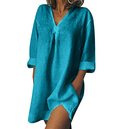 Xinantime_Vestidos de mujer Casual, Vestido Suelto de Manga Larga Ajustado Falda Manga Abullonada Maxi Vestido Camisero En Color Liso Manga Larga de Color Puro con Cuello en V para Mujer