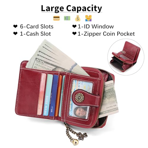 Image of Small Wallet for Women Leather Bifold Compact RFID Blocking with Zipper Coin Pocket