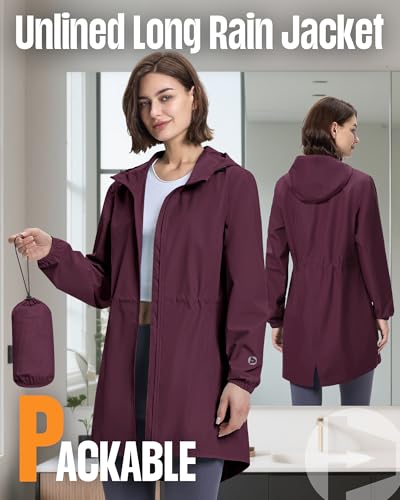 Outdoor Ventures Damen Wasserdicht Regenjacke Lang Windbreaker Übergangsjacke Leichte Atmungsaktiv Outdoorjacke Raincoat Regenparka mit Kapuze Burgunderrot XL