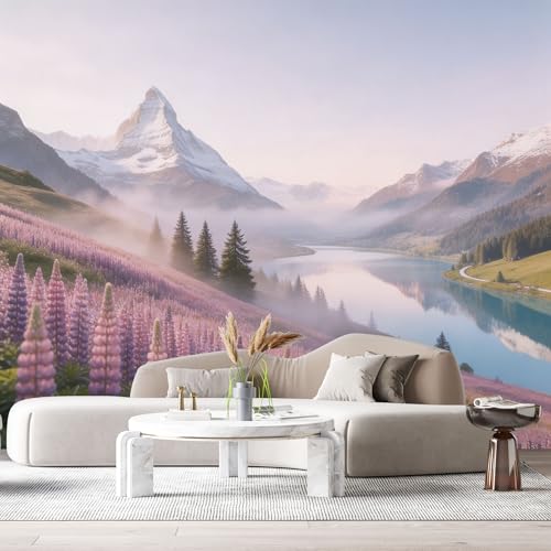 Custom Size Wall Murals Mountain Lake Landscape Oil Painting Alpine Flowers Misty Valley SelfAdhesive Wall Fabric Removable Large Wallpaper for Living Room