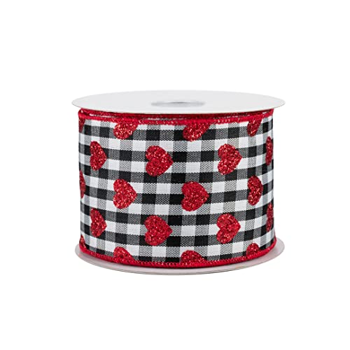 Image of Buffalo Plaid Glitter Hearts Ribbon - 2 1 /2 inch x 10 Yards, White & Black Checks, Valentine's Day Decor, Red Glitter Heart on Wired Ribbon, I Love You, Gift Bow, Bouquet