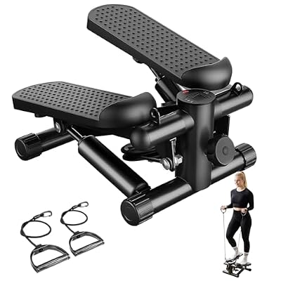 Mini Stair Steppers with Resistance Bands for Exercise at Home, Portable Exercise Twist Stepper Machine for Full Body Workout, Hydraulic Fitness Stepper with LCD Monitor, Black