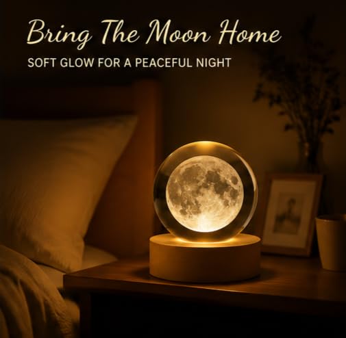 Image of Crystal Ball Night Light with Wooden Base, 3D Crystal Ball Night Lamp Touch Control LED Lamp, Bed Side Table Lamps for Bedroom, Table Lamp for Study Room, Home Decoration Items (Moon)