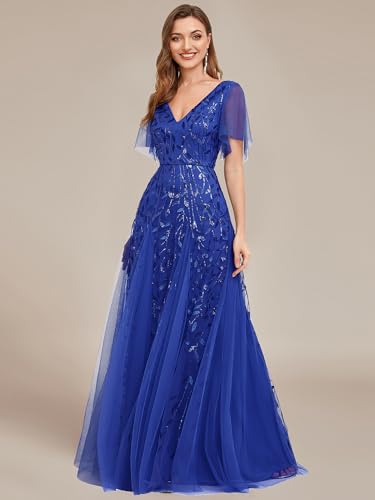 Image of Ever-Pretty Women's Sequin Formal Dresses Evening Gown Sparkly V-Neck Short Sleeve Floor Length Mother of The Bride Dress Sapphire Blue US18