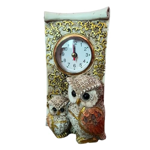 Image of Decorative Owl Figurine Table Clock, Resin, Quartz, Antique Gold Finish, Home Decor