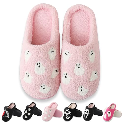 Halloween Slippers for Women Men Retro Memory Foam Plush Fluffy Warm Ghost Fuzzy Slippers Holiday Slip-on Indoor Outdoor House Shoes
