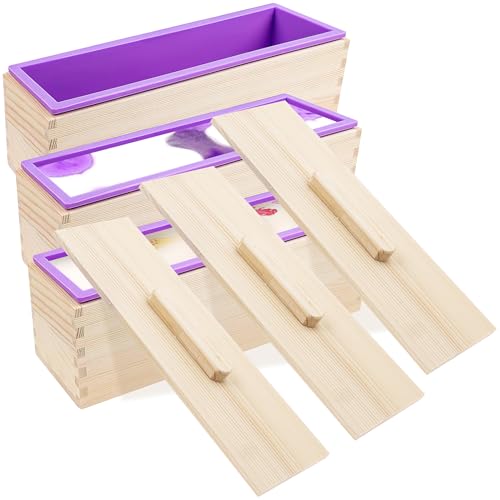 Paquete de 3 moldes de jabón de silicona, juego de moldes rectangulares de silicona de madera, molde de jabón con cajas de madera y tapas para suministros de fabricación de jabón de bricolaje (morado)