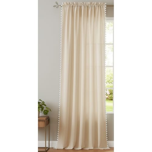 Image of HOMEMONDE Sheer Curtains with Decorative Side Border Pompom Curtain for Customize, Linen Textured Light Filtering, Rod Pocket, 1 Piece - Beige